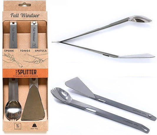 FULL WINDSOR - The Splitter Titanium Multi-Utensil Set – Compact, Lightweight Silver Spork, Tongs, Spatula & Ladle – Durable Cooking Kit for Camping, BBQ, Backpacking, Travel & Outdoor Adventures
