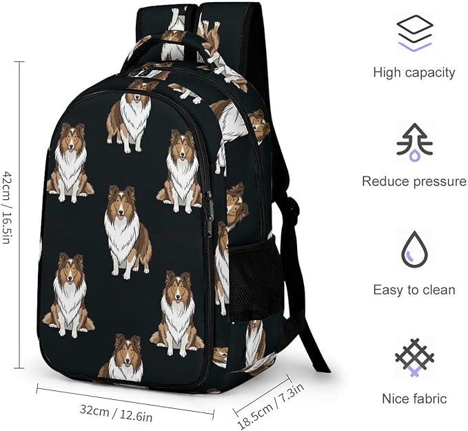 Laptop Backpack Rough Collie Dogs, Sturdy Water Resistant College Bookbag with Water Bottle Pockets for Business Travel Commute