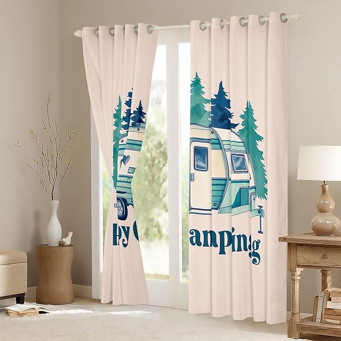 Erosebridal Happy Camping Window Curtains 52" Wx63 L Country Camper Blackout Curtains for Bedroom Living Room,Camping Vehicle Camp Window Treatments Cartoon Camper Car Drapes Decor 2 Panels