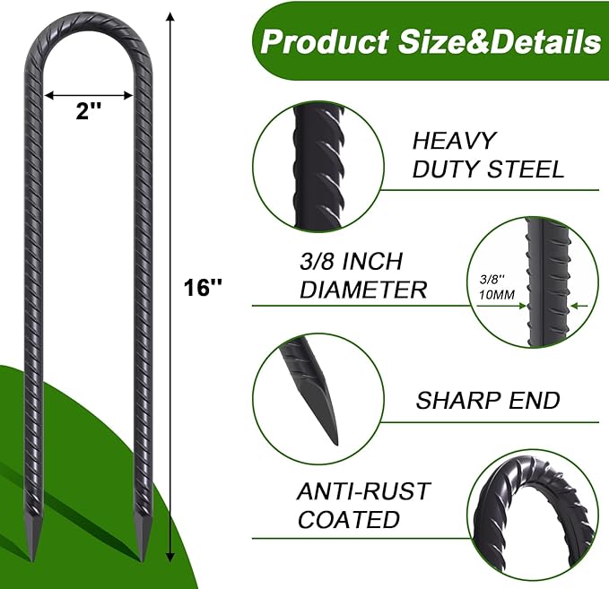 AAGUT 16 Inch 8 Pcs Rebar Trampoline Stakes 3/8" Extra Heavy Duty Metal Steel High Wind Ground Anchors Galvanized U Shaped Hook for Camping Tent Round Chisel Point End Black Powder Coated