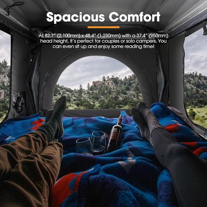 Sanhima Rooftop Tent Hard Shell - Jervis Loft Overland Aluminium ABS Roof Top Tent w/ 4 Sides Windows & AC Duct Hole for Car SUV Truck Camping, for 2-3 People