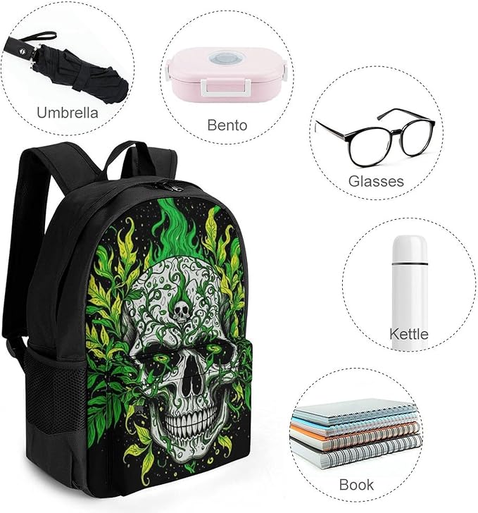 Lightweight Rucksack for Sports Travel Running, Big Capacity Multipurpose Anti-Theft Bookbag, Skull Marijuanaweed Leaf Green Black Travel and Sport Backpack Rucksack