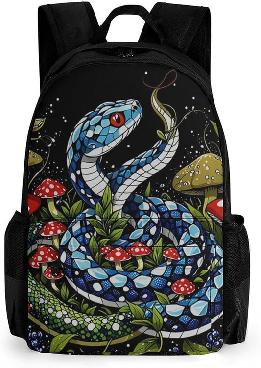 Men Women Polyester Trippy Mushroom Snake Art Daypack Big Capacity Shoulder Bag With Smooth Zippers for Hiking Work Walking Cycling