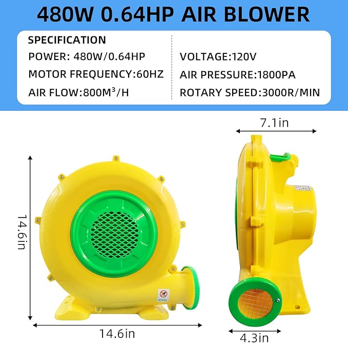 Bounce House Blower for Inflatables, 950W+480W Powerful Inflatable Blower Portable Fan Pump for Inflatable Bouncy Castle, Bubble House, Jump Slides, Water Slide, Spray Booth