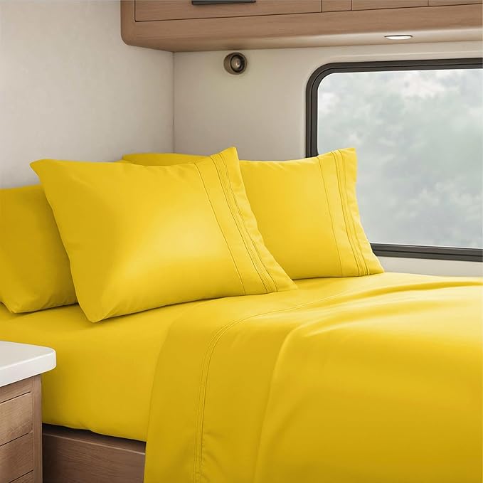 Hearth & Harbor Short Queen Sheets for RV, Yellow RV Queen Sheets, Silky Soft 1800 Microfiber Bed Sheet for Camper, 4 Piece RV Bedding with Pillowcases