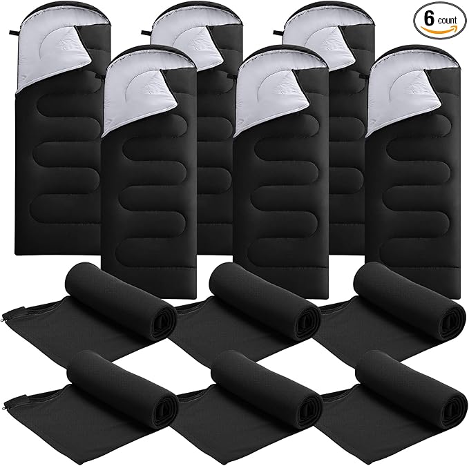 6 Pack Camping Sleeping Bags Bulk with Fleece Liner for Adults, All Season Lightweight Waterproof Sleep Bag with Compression Sack for Hiking Travel Backpacking Cold Weather Winter