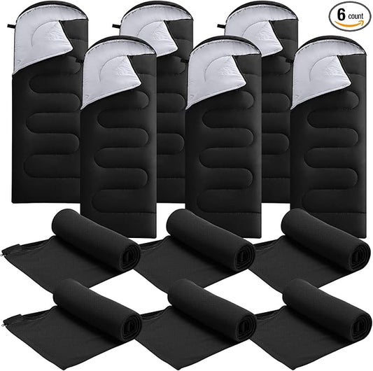 6 Pack Camping Sleeping Bags Bulk with Fleece Liner for Adults, All Season Lightweight Waterproof Sleep Bag with Compression Sack for Hiking Travel Backpacking Cold Weather Winter