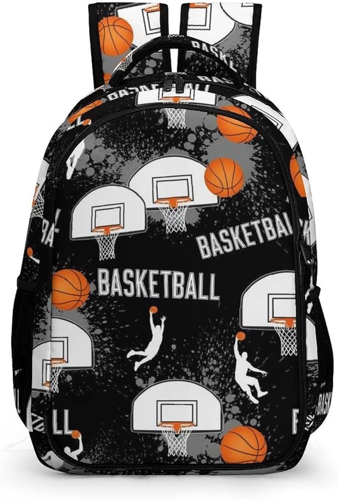 Casual Lightweight Laptop Backpack Game Sports Basketball Print Art, Cute Travel Daypack with Tumbler Holder for College Nurse Teacher Work Commute