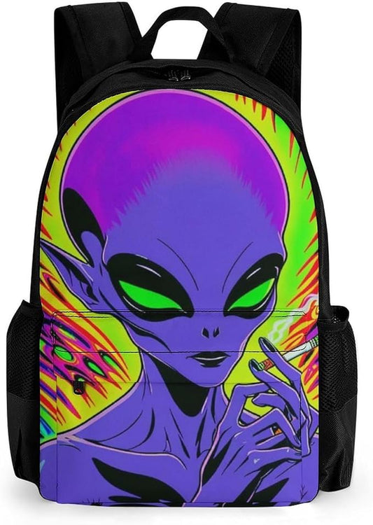 Men Women Polyester Trippy Alien Art Daypack Big Capacity Shoulder Bag With Smooth Zippers for Hiking Work Walking Cycling