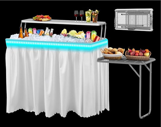 Two Tier Ice Cooler Table with Led Light, 4 Foot Outdoor Ice Table with Foldable Extension Stand, Matching Skirt & Drain Hose, Folding Cooler Server with Metal Shelf for Party, BBQ, Camping