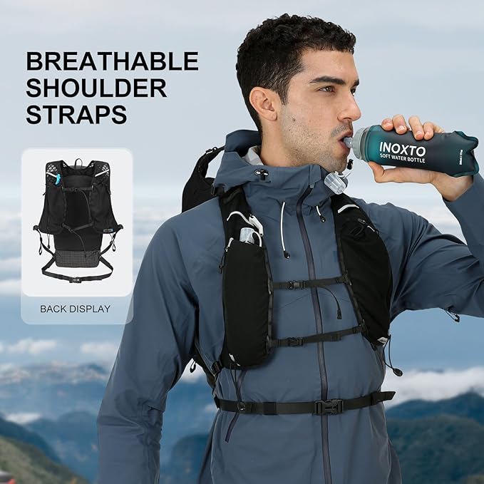 IX INOXTO Hiking Backpack 15L/22L Ultra Lightweight Packable Travel Backpack Small Waterproof Foldable Outdoor Day Pack with Two 500ML soft flasks for Men Women (Black)