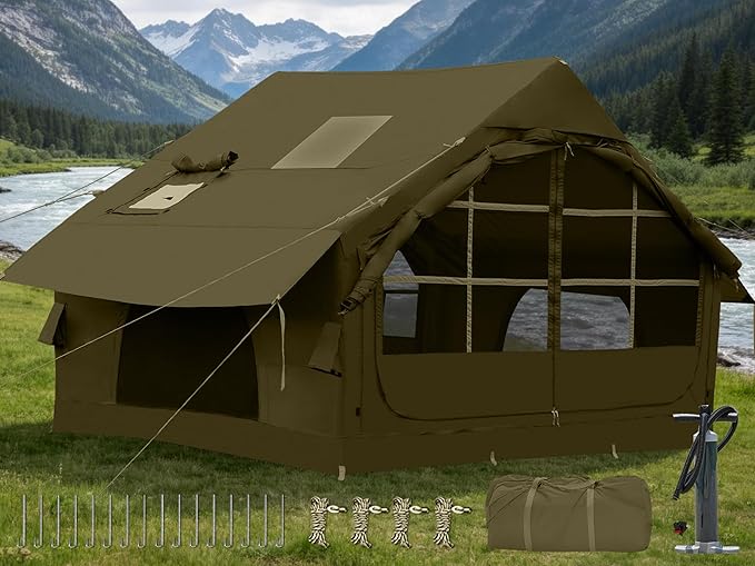 Inflatable Camping Tent,2/4/6/8 Person Glamping Inflatable Tents with Awning, Quick Setup Blow Up Tents with Pump, Waterproof Oxford Inflatable House for Camping, Air Glamping Hot Tents for Adult