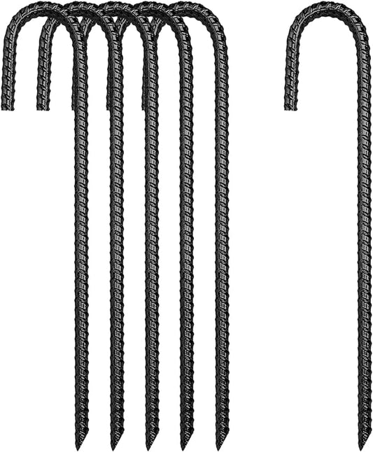 12 Inch Rebar Stakes Heavy Duty, 6 Pack Garden Stake J-Hook, Electrostatic Rust Proof Metal Stakes for Tent, Landscape,Outdoor Decorations, Fabric Ground Cover, Tube Fixing (Black, J-12in-6pc)