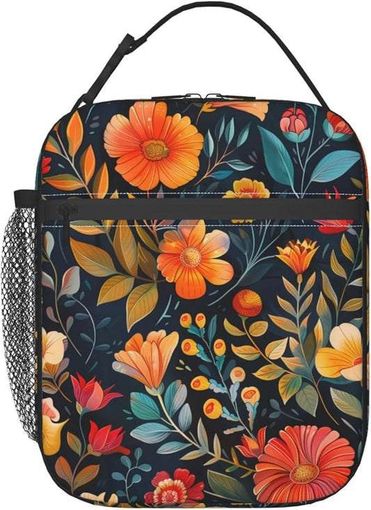 Vintage Floral Insulated Lunch Box for Women Men Retro Colorful Flower Design Lunch Bag for Work,Picnic,Travel,Hiking,Beach or Fishing Polyester Nature Lovers Lunch Box