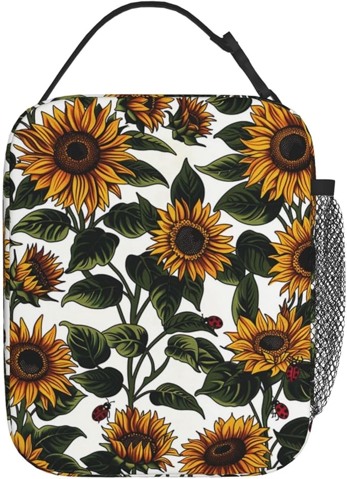Reusable Sunflower Lunch Box for Kids Girls Boys Women Adult, Insulated Floral Ladybug Lunch Bag,Polyester Cooler Flower Handbags Case for School Picnic Work Travel Beach or Hiking (White)