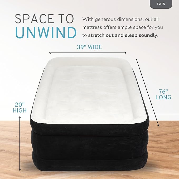 RestElevated Luxury Pillow Top Twin Size Air Mattress with Built in Pump | 20" Raised Height with Coil Beam Support | Adjustable Blow Up Air Bed | for Home, Guests and Camping [Black with Cream Top]