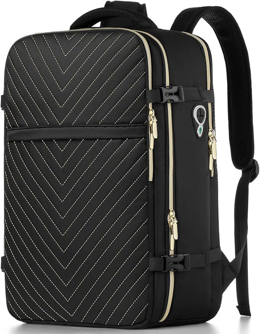Large Carry On Travel Backpack - Flight Approved Waterproof Luggage Suitcase Backpacks Personal Item Size for Women Men Fit 17 Inch Laptop College Overnight Bag Anti-Theft Weekender Daypack Black Gold