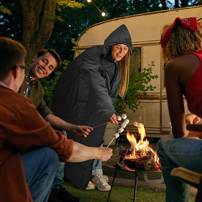 Outdoor Waterproof Blanket, Foldable Fleece Stadium Blanket for Outdoor Sports Event, Camping, Car, Pet, Picnics - Windproof, Wearable, Machine Washable 80" x 58" (Black Gray,Hooded)