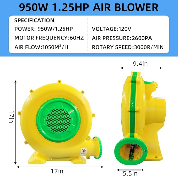 Bounce House Blower for Inflatables, 950W+480W Powerful Inflatable Blower Portable Fan Pump for Inflatable Bouncy Castle, Bubble House, Jump Slides, Water Slide, Spray Booth