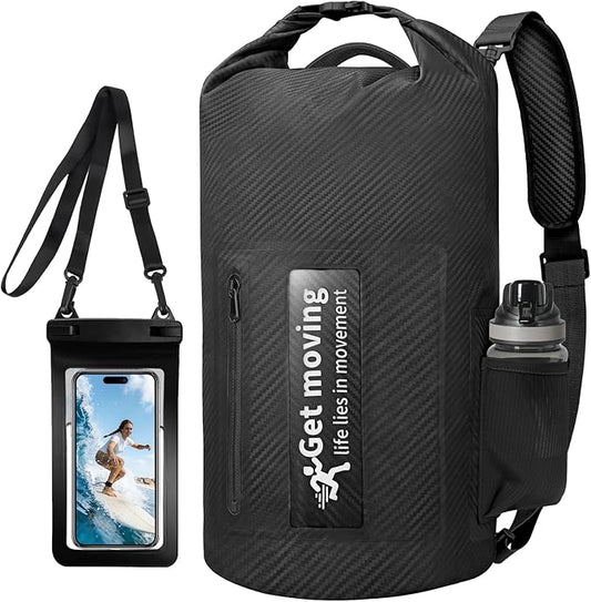 BKNOOU Dry Bag Waterproof for Women Men, 10L/20L Roll Top Lightweight Dry Storage Bag Backpack for Travel, Kayaking, Boating, Rafting, Camping, Hiking and Beach, with Phone Case (Black, 20L)