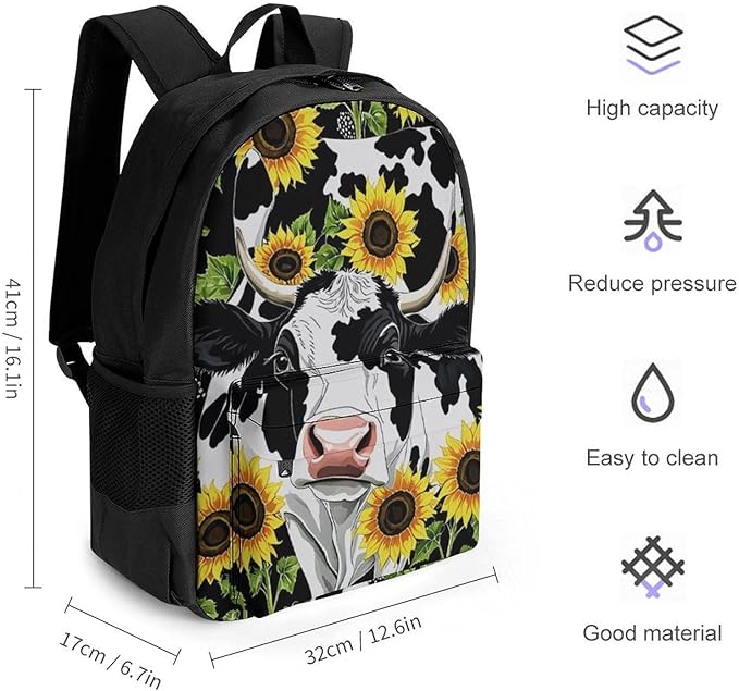 Supdreamc Polyester Daypack for Camping Travel Walking Cycling, Big Capacity Anti-Theft Multipurpose Bookbag, Farm Cow Sunflower Print Camping Outdoor Backpack