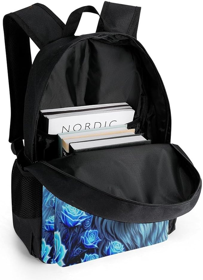 Shoulder Book Bags Anti-Theft Multipurpose Big Capacity Bookbag, White Galaxy Wolf With Blue Rose Travel Hiking Backpack With Smooth Zippers