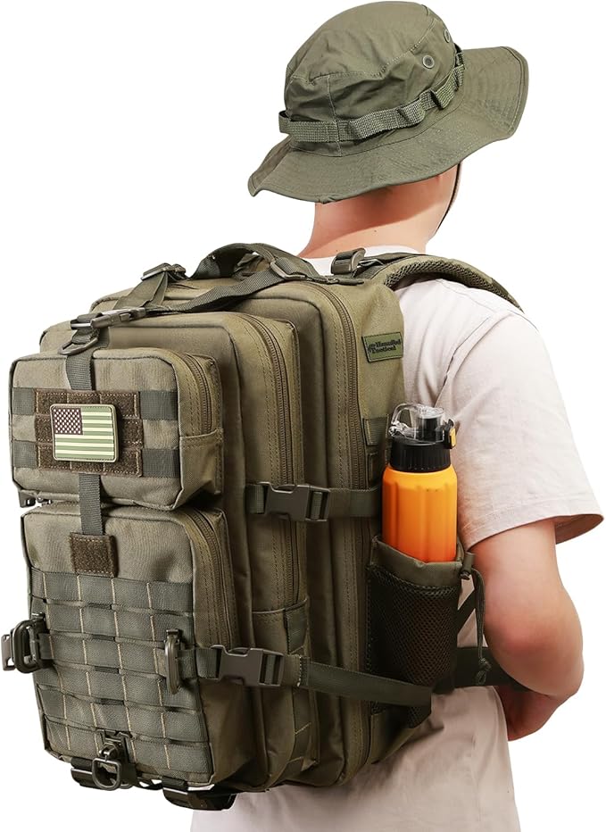 45L MOLLE Assault Backpack, Tactical Backpack Military Army Camping Rucksack with Bottle Holder, 3-Day Pack Trip w/USA Flag Patch, D-Rings, Olive