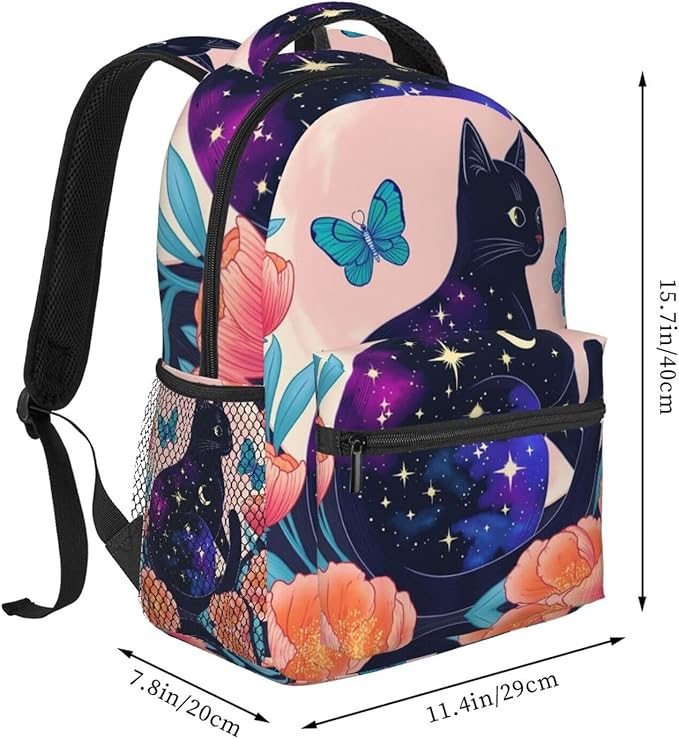Polyester Daypack Backpack for Trekking Picnic Walking Cycling, Large Capacity Anti-Theft Multipurpose Shoulder Bag, Black Cat Flower Butterfly Starry Sky Dream Scene Art Casual Daypack