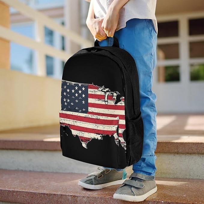 Supdreamc Polyester Daypack for Hiking Work Running, Big Capacity Anti-Theft Multipurpose Shoulder Bag, American Flag Patriotic Usa Map Travel and Sport Backpack Rucksack