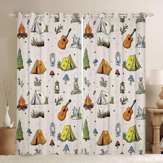 Feelyou Camping Camper Blackout Curtains Campfire Music Guitar Darkening Drapes for Bedroom Living Room Decor Happy Camping Thermal Insulated Shades Window Treatments, 2 Panels 42 x 63 Inch
