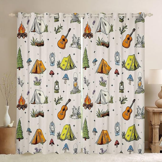 Feelyou Camping Camper Blackout Curtains Campfire Music Guitar Darkening Drapes for Bedroom Living Room Decor Happy Camping Thermal Insulated Shades Window Treatments, 2 Panels 42 x 63 Inch