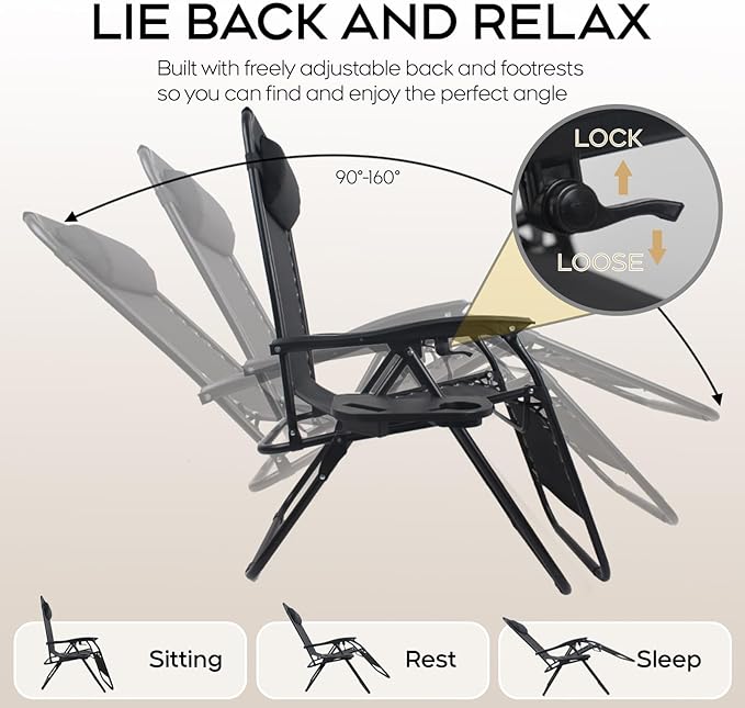 Set of 2 Adjustable Zero Gravity Lounge Chairs Outdoor Recliner w/Cup Holder Tray & Removable Pillows, Ergonomic Reclining Chair for Camping Patio Lawn Balcony (Black)
