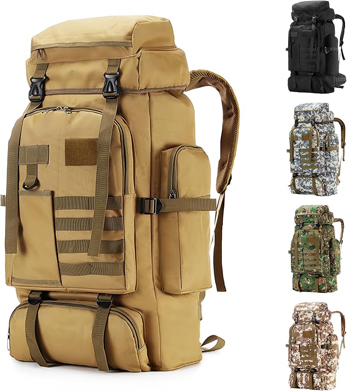 Hiking Backpack Tactical Backpack for Men Women, 80L Military Backpack Rucksack Waterproof Large Travel Camping Backpack for Men, Molle Rucksack Outdoor Sport Travel Cycling Daypack (Khaki)