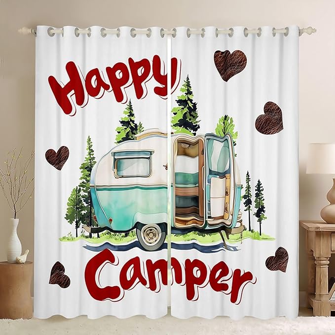 Erosebridal Camper Window Curtains 42" Wx63 L Happy RV Camping Blackout Curtains for Bedroom Living Room,Camp Adventure Window Treatments Summer Camper Forest Drapes Decor 2 Panels