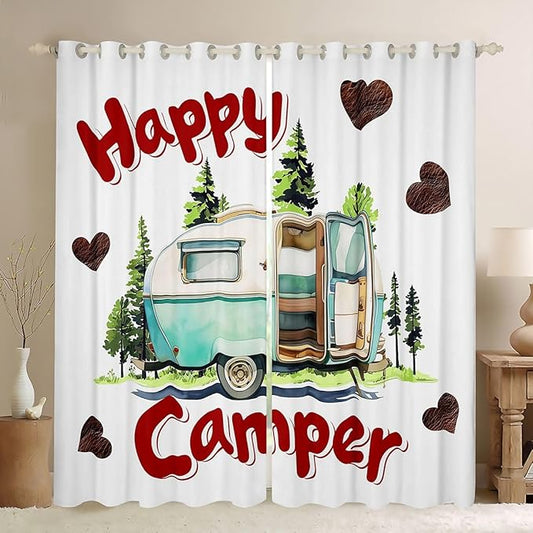 Erosebridal Camper Window Curtains 42" Wx63 L Happy RV Camping Blackout Curtains for Bedroom Living Room,Camp Adventure Window Treatments Summer Camper Forest Drapes Decor 2 Panels