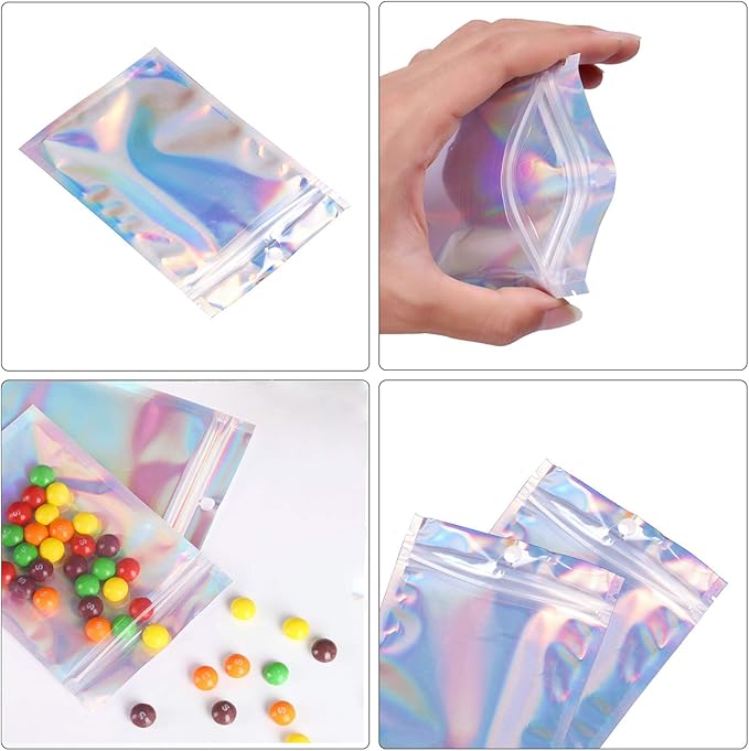 2x3 inch 100PCS Resealable Smell Proof Bags–Holographic Packaging Foil Pouch Baggies, Clear Small Mylar Bag for Jewelry,Candy,Food Storage,Business