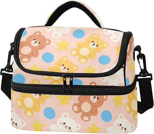 Double-layer Insulated Lunch Bag Cute Bear Star Waterproof Bags with Side Tissue Pocket for Beach Travel Car