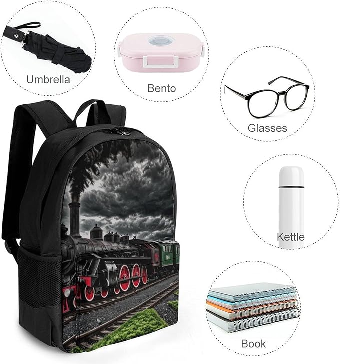 Daypack Anti-Theft Multipurpose Large Capacity Shoulder Bag, Old Train Dark Sky Travel Hiking Camping Rucksack With Smooth Zippers