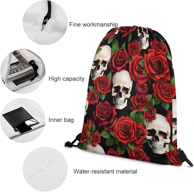 Travel Drawstring Backpack Theft Proof Cinch Sack Water Resistant Sackpack for Camping Hiking Outdoor Sports, Rose Skull Bags