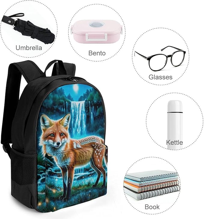 Women Men Polyester Magical Kitsune Fox Art Casual Daypack Large Capacity Bookbag With Side Pockets for Sports Picnic Walking Cycling