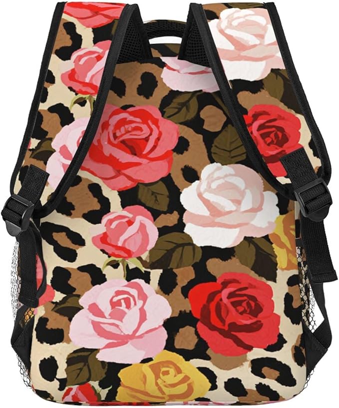 Rucksack Anti-Theft Multipurpose Big Capacity Carry On Bag, Cheetah Leopard Print Floral Traveling Camping Backpack With Side Pockets