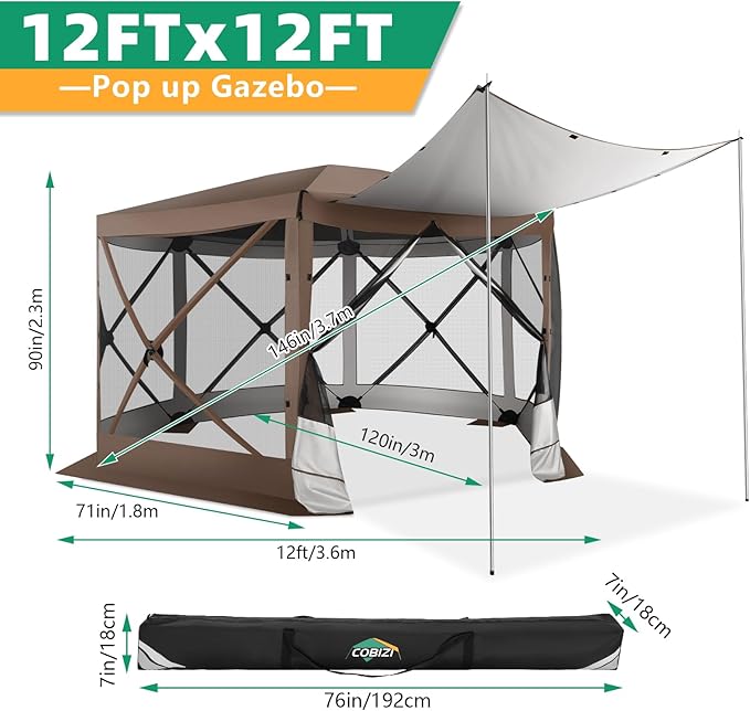 COBIZI Pop Up Gazebo Screen Tent Screen House for Camping, 12x12 Screen Room with Mosquito Netting, Hub Tent Instant Screened Canopy with Carrying Bag and Ground Stakes, Brown