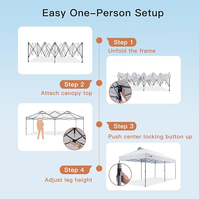 Amada 20x10 Pop Up Canopy - Center Lock One Push Instant Setup Gazebo Outdoor Canopy Beach Tent with STO-N-Go Bag 8 Stakes & 4 Sand Bags, 3-Height Adjustable Shade Shelter (20x10ft, White)