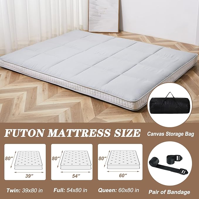 DoCred Queen Size Futon Mattress, Extra Thick Foldable Japanese Floor Mattress Memory Foam Sleeping Pad for Adults, Roll Up Mattress Tatami Mat Breathable Floor Lounger Guest Bed