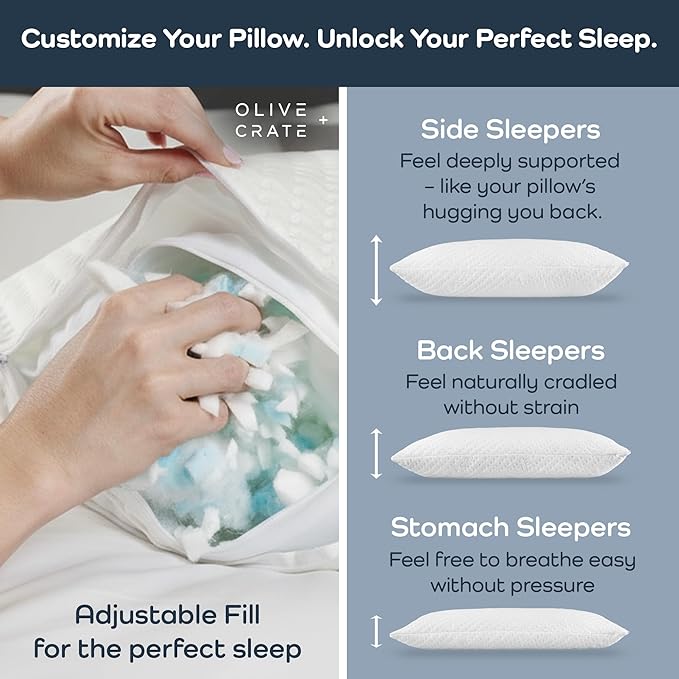 Olive + Crate BreathePure® Adjustable Loft Shredded Memory Foam Pillow - Queen Size - Cooling Pillow, Hypoallergenic Bed Pillows, CertiPUR-US Certified Foam, Ideal for Back, Stomach and Side Sleeper