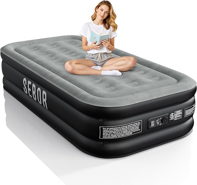 Sebor Air Mattress Twin with Built-in Pump 18", Comfortable Self-Inflating Air Mattress with High-Speed Pump, Durable Blow Up Mattress Twin with Storage Bag for Guests, Camping, Travel