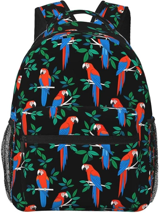 Men Women Polyester Macaw And Trees Art Daypack Big Capacity Shoulder Bag With Adjustable Shoulder Straps for Camping Travel Walking Cycling