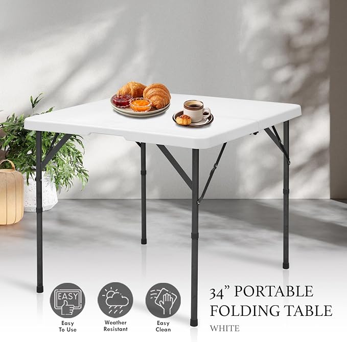 AJP Distributors 3 Foot Portable Plastic Square Folding Card Table 3FT 34" Half Foldable Heavy Duty Top w/Carry Handle - Indoor Outdoor Camping Picnic Party Wedding Dining Office Event Meeting White