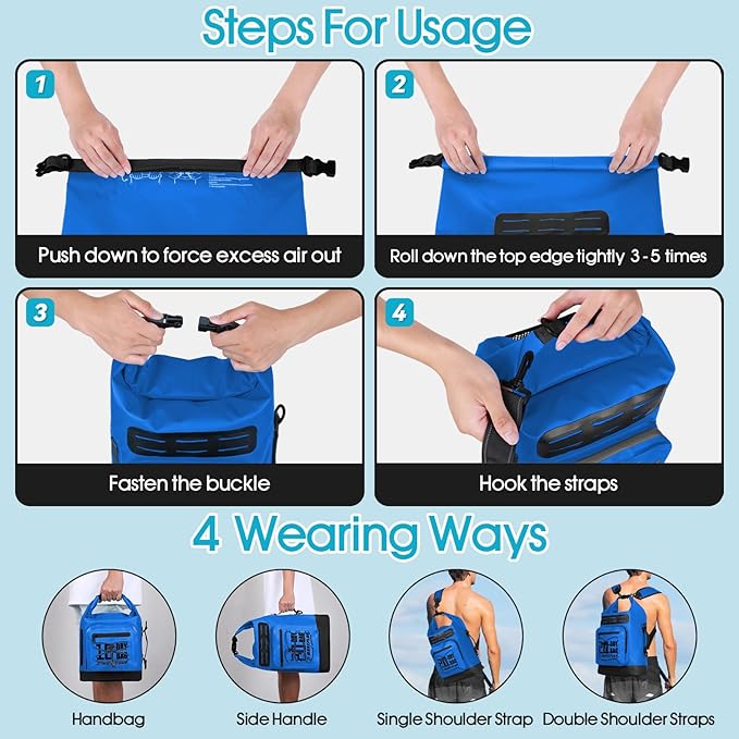 Dry Bag Waterproof,5L/10L/20L/30L Roll Top Dry Bag Backpack with WaterProof Phone Case for Swim,Kayak(Dark Blue 5L)