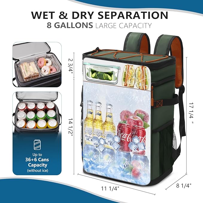 Large Backpack Cooler 36 Can Cooler Backpack with 2 Insulated Compartments Leak Proof Waterproof Travel Backpack, Camping Beach Picnic Lunch Thermal Bag for Women and Men (Green)